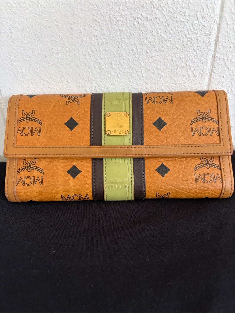 MCM Cognac Visetos Wallet with Green and Brown Stripe